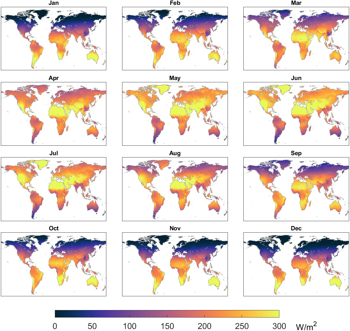 Average monthly solar radiation over the period 2000 to 2019, from the ERA5 model