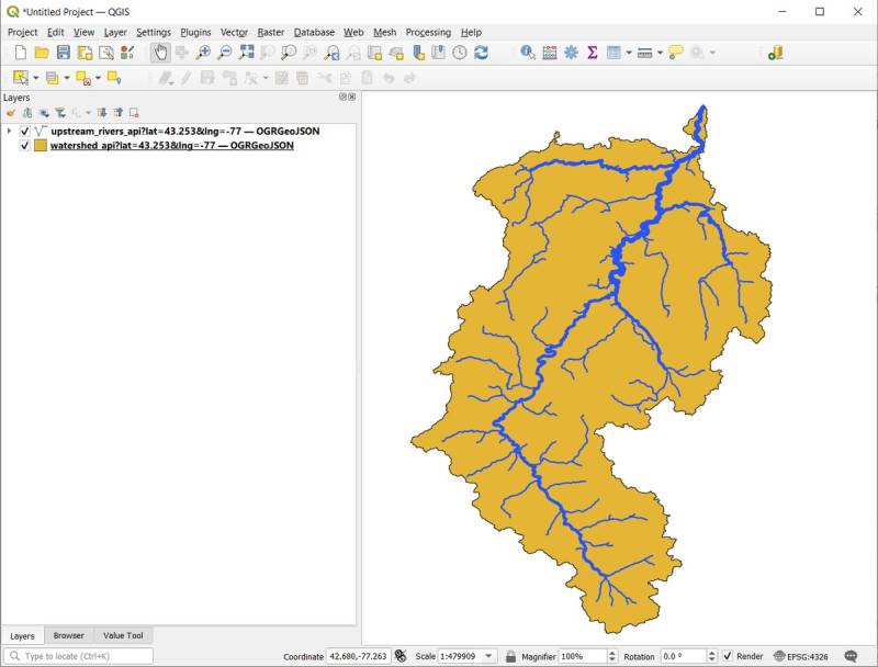 Screenshot of QGIS showing the watersheds API in use