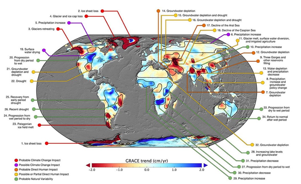 Annotated map of terrestrial water storage trends (Figure 1 in Rodell et al., 2018)
